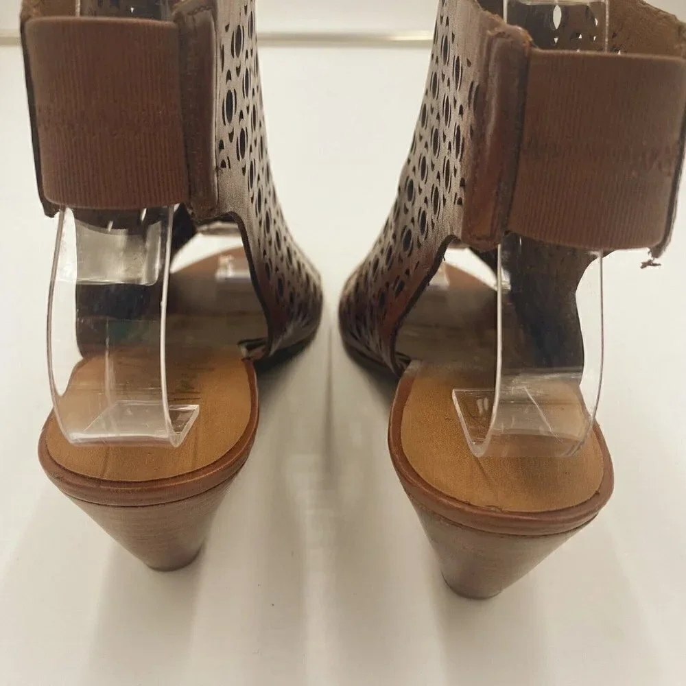 Franco Sarto Brown Laser Cut Leather Open Toe Wedge Booties Womens Size 6.5M
